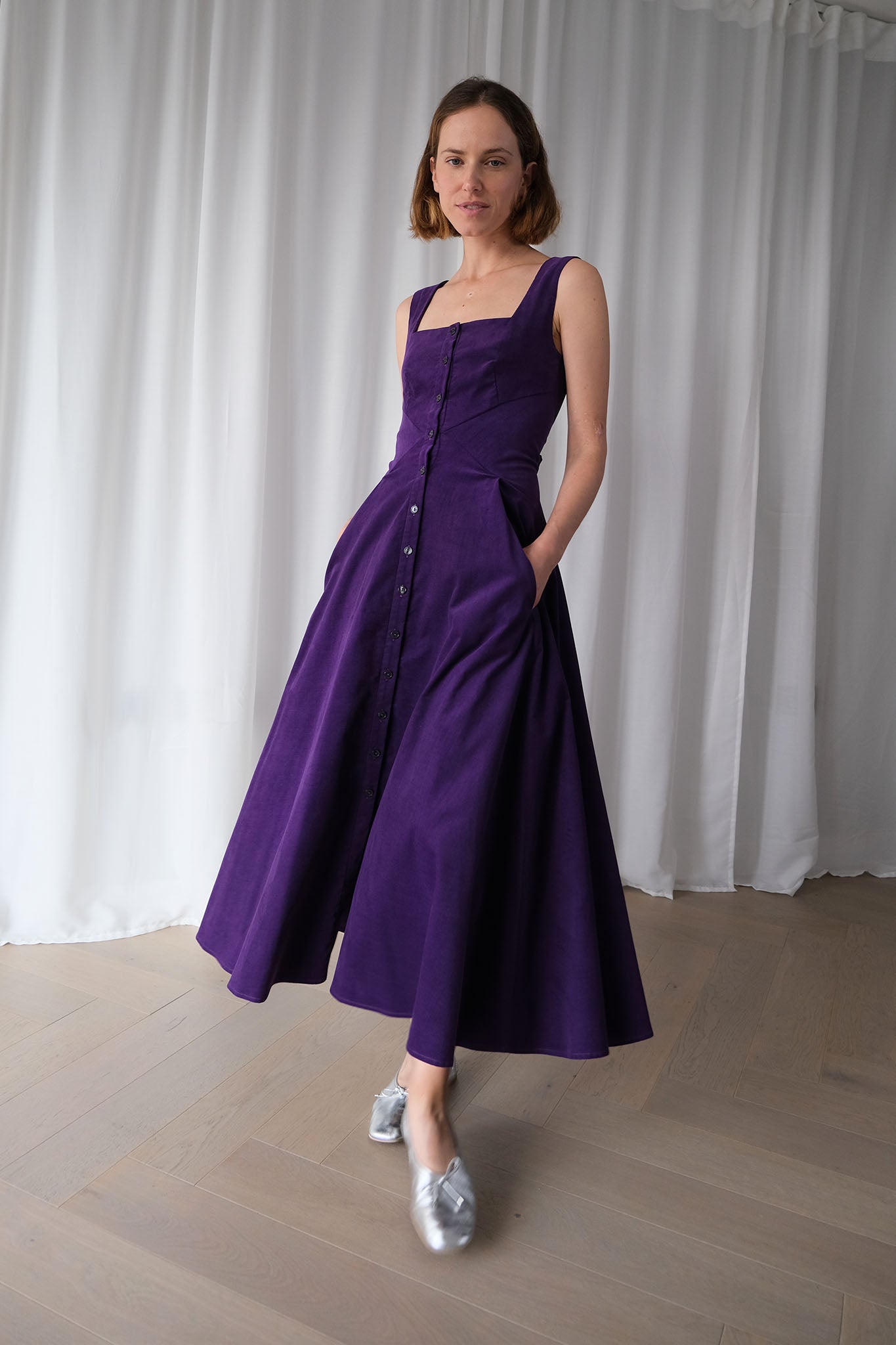 Romanticist Square Neck Dress in Royal Purple Cotton Needlecord The Array