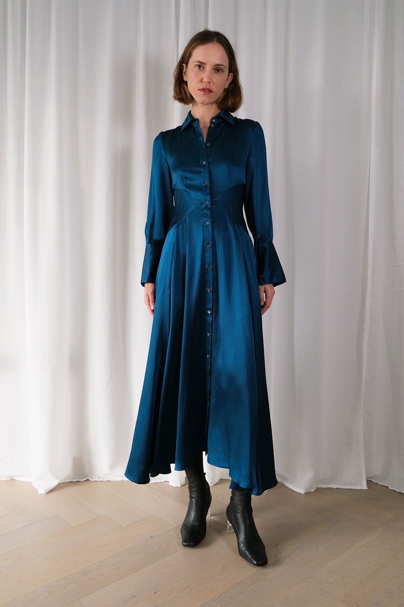 The Romanticist Shirt Dress in Teal Hammered Silk