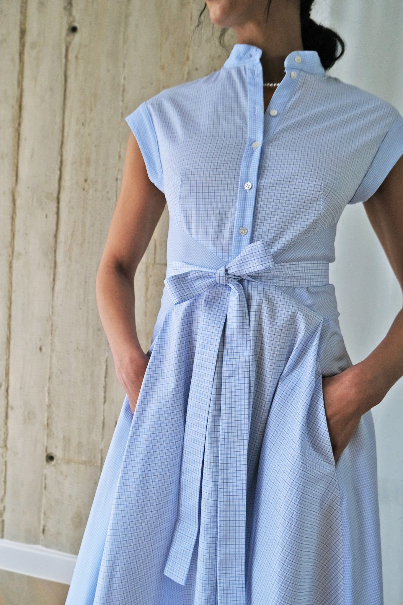 The Romanticist Cap Sleeve Shirt Dress in Light Blue Cotton Shirting