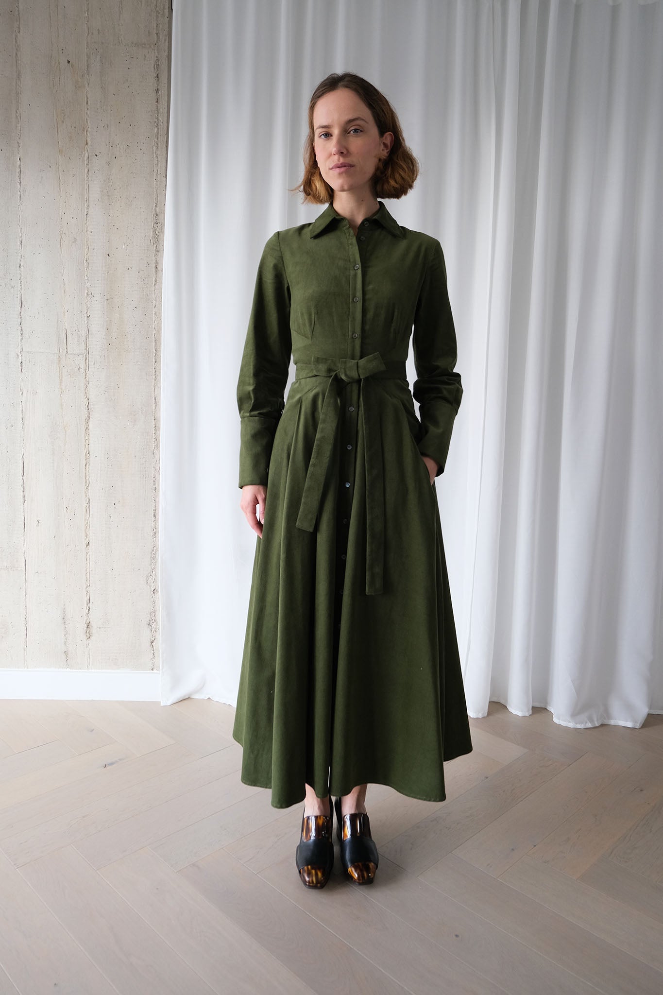 Romanticist Shirt Dress in Olive Cotton Needlecord