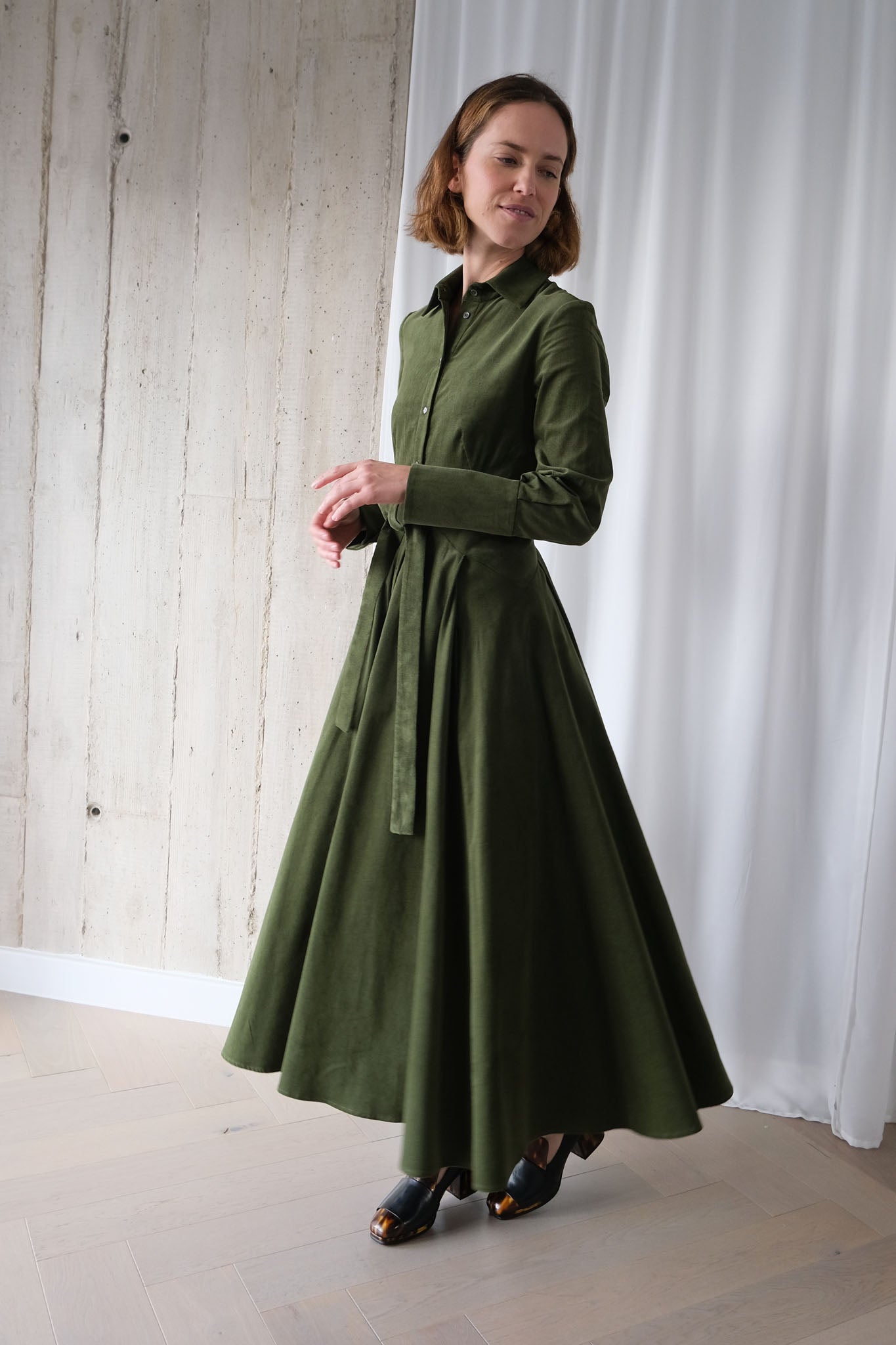 Romanticist Shirt Dress in Olive Cotton Needlecord