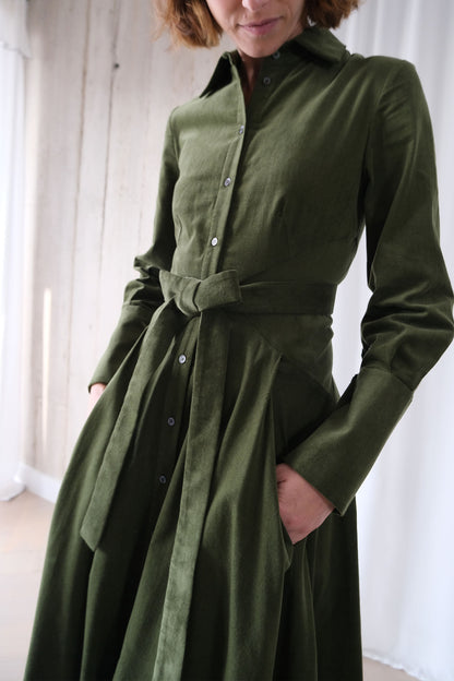 Romanticist Shirt Dress in Olive Cotton Needlecord