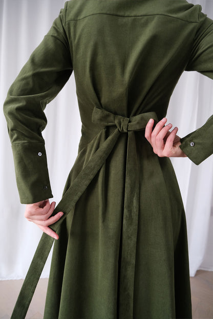 Romanticist Shirt Dress in Olive Cotton Needlecord