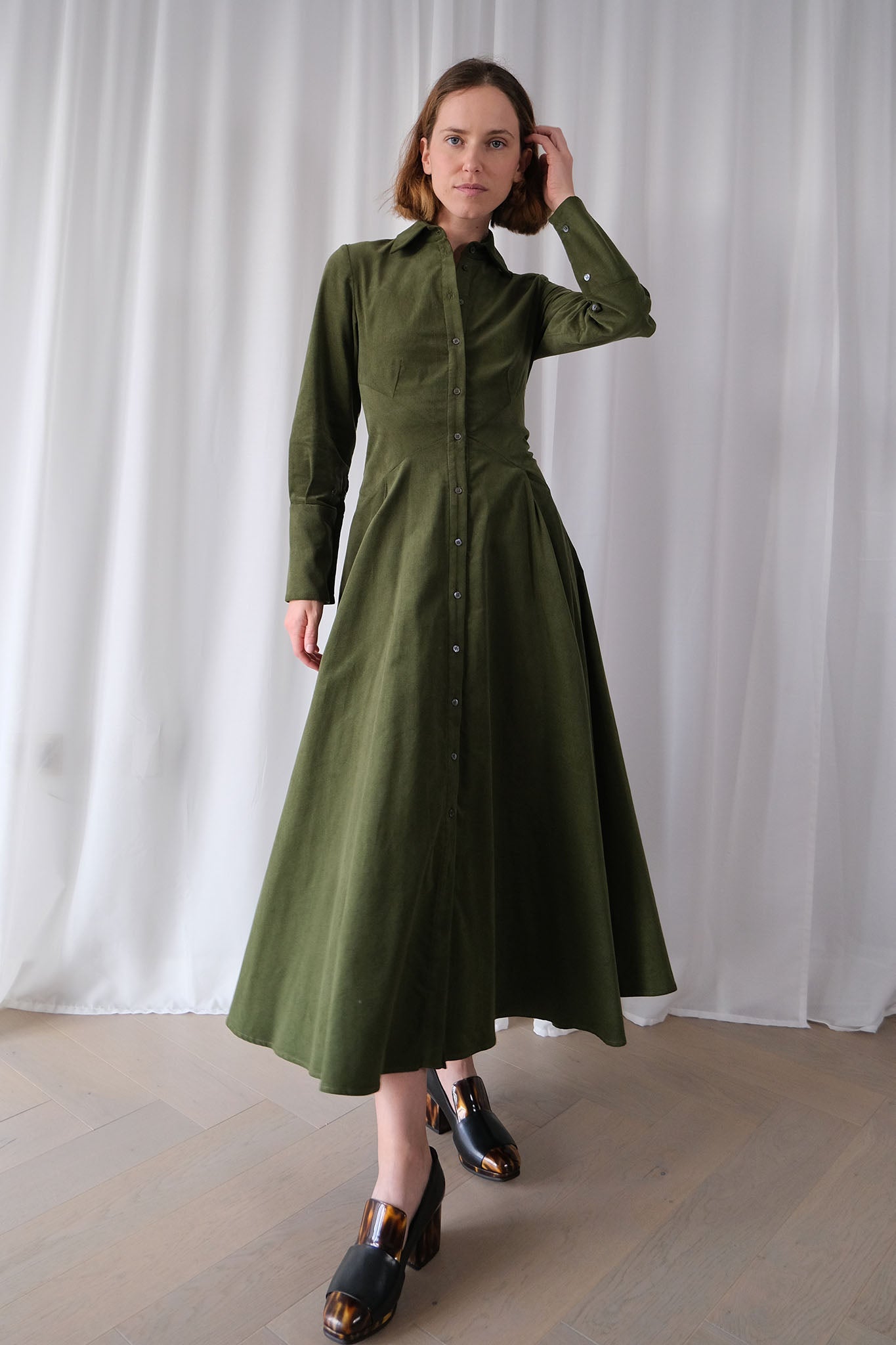 Romanticist Shirt Dress in Olive Cotton Needlecord