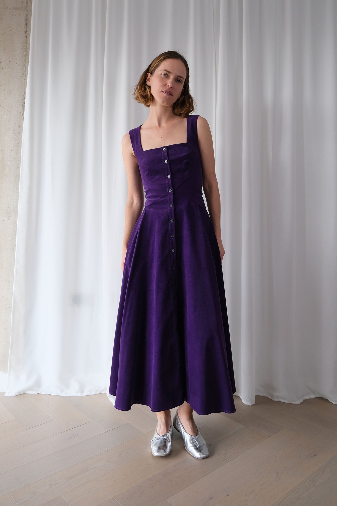 Romanticist Square Neck Dress in Royal Purple Cotton Needlecord