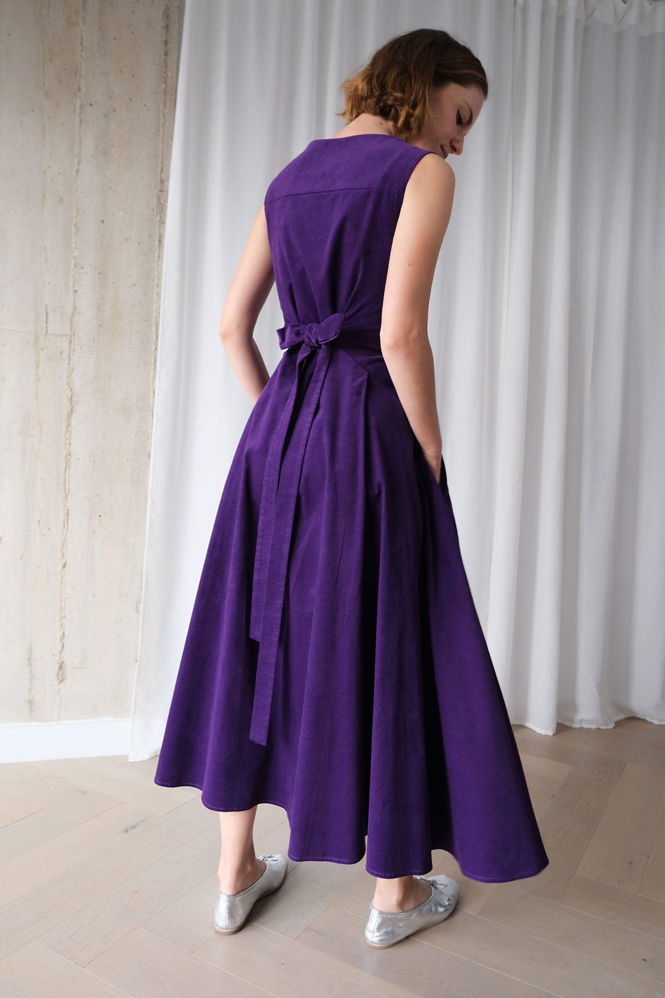 Romanticist Square Neck Dress in Royal Purple Cotton Needlecord