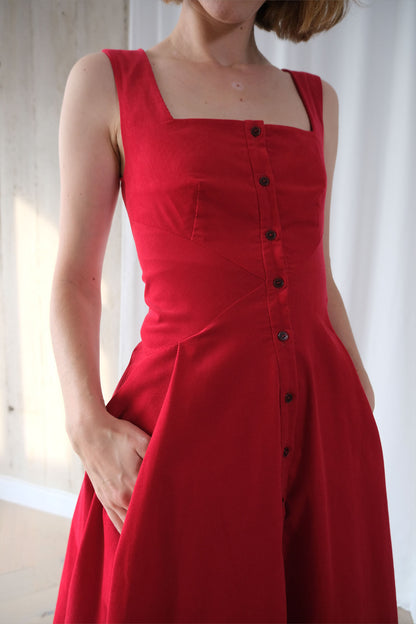 Romanticist Square Neck Dress in Red Cotton Needlecord