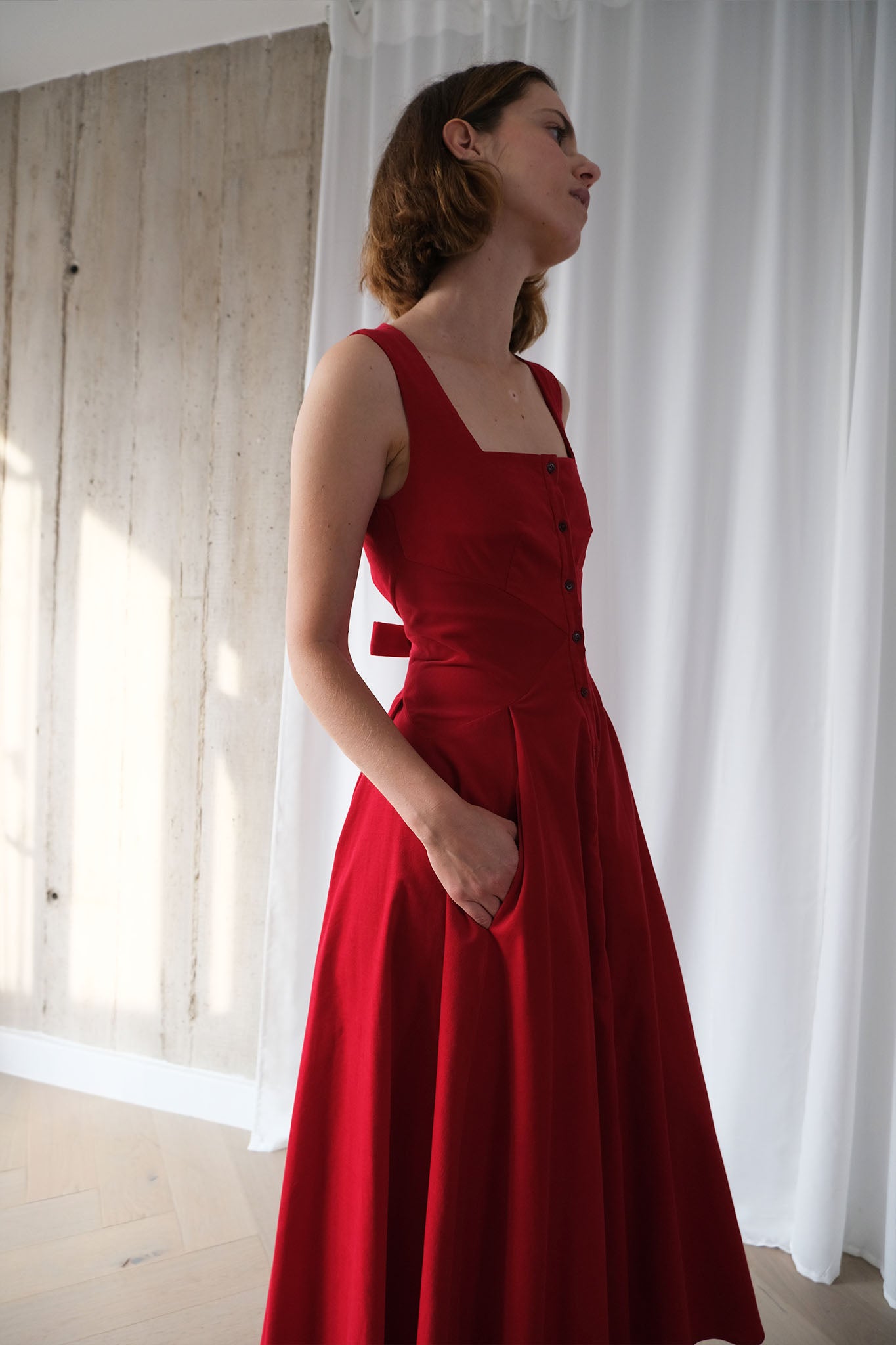 Romanticist Square Neck Dress in Red Cotton Needlecord