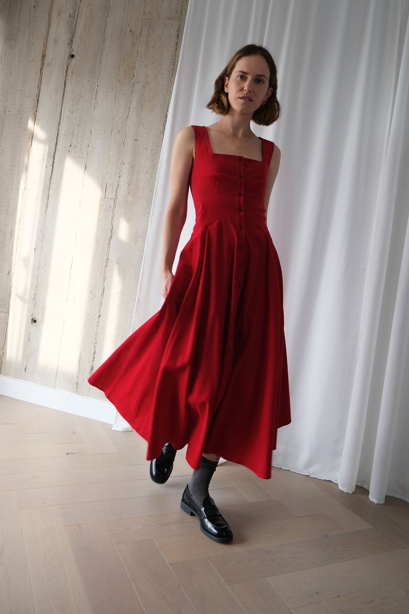 Romanticist Square Neck Dress in Red Cotton Needlecord