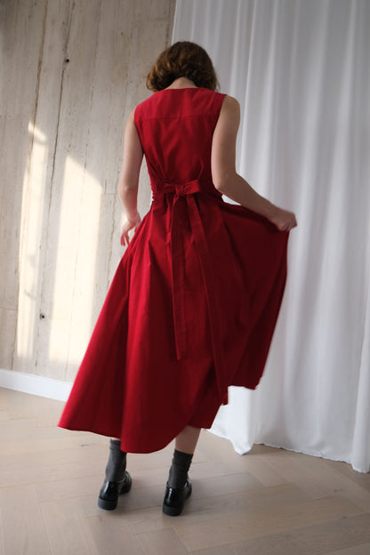 Romanticist Square Neck Dress in Red Cotton Needlecord