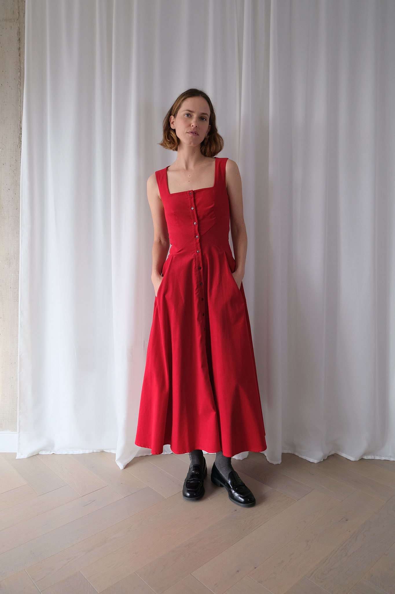 Romanticist Square Neck Dress in Red Cotton Needlecord