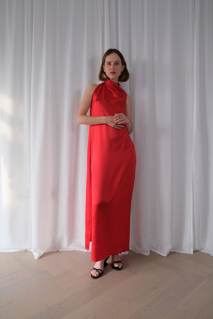 Maxi Scarf Dress in Red Hammered Silk