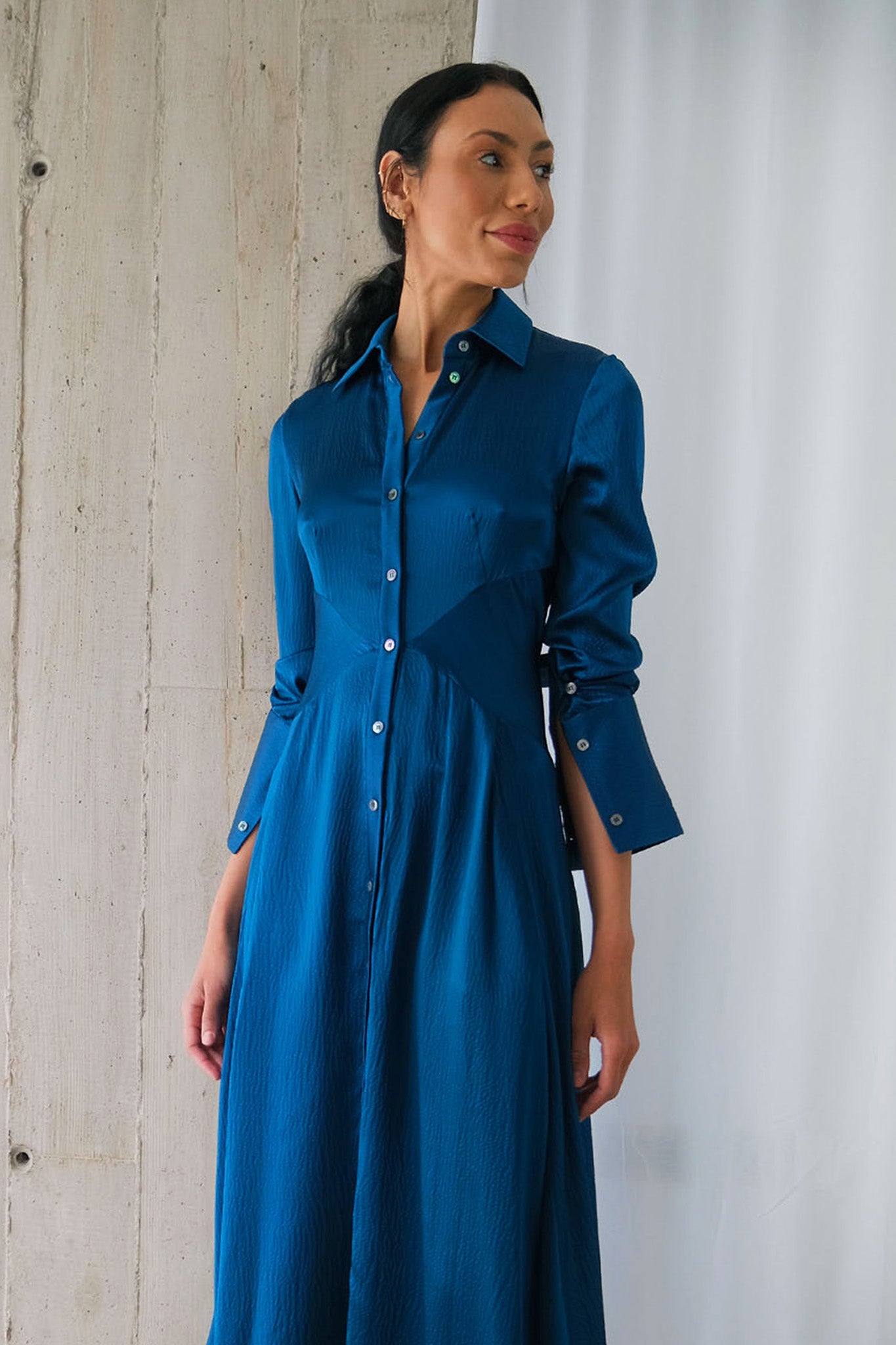 The Romanticist Shirt Dress in Teal Hammered Silk