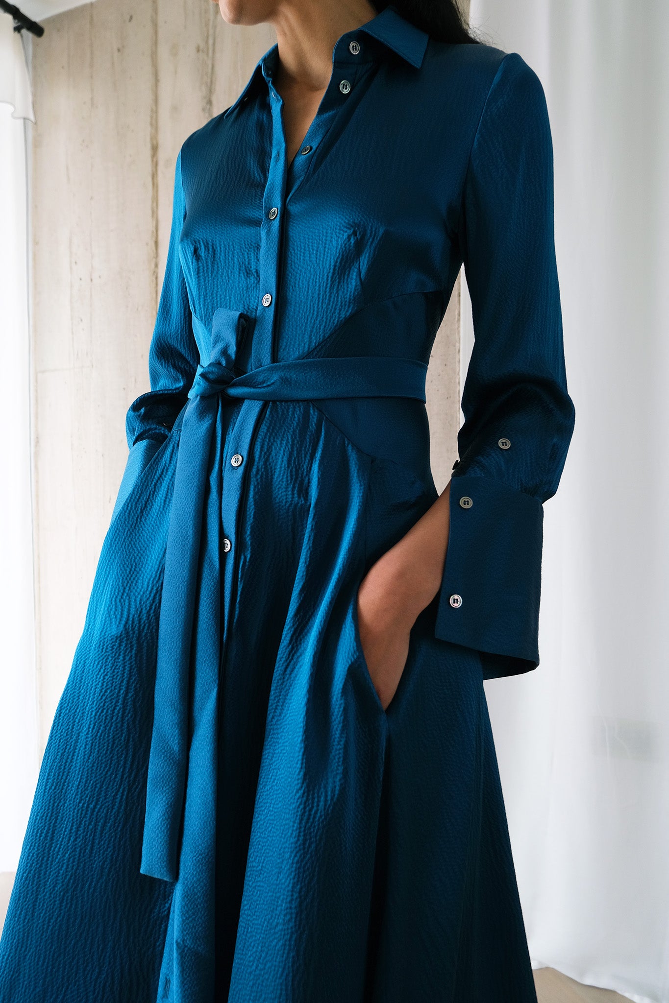 The Romanticist Shirt Dress in Teal Hammered Silk