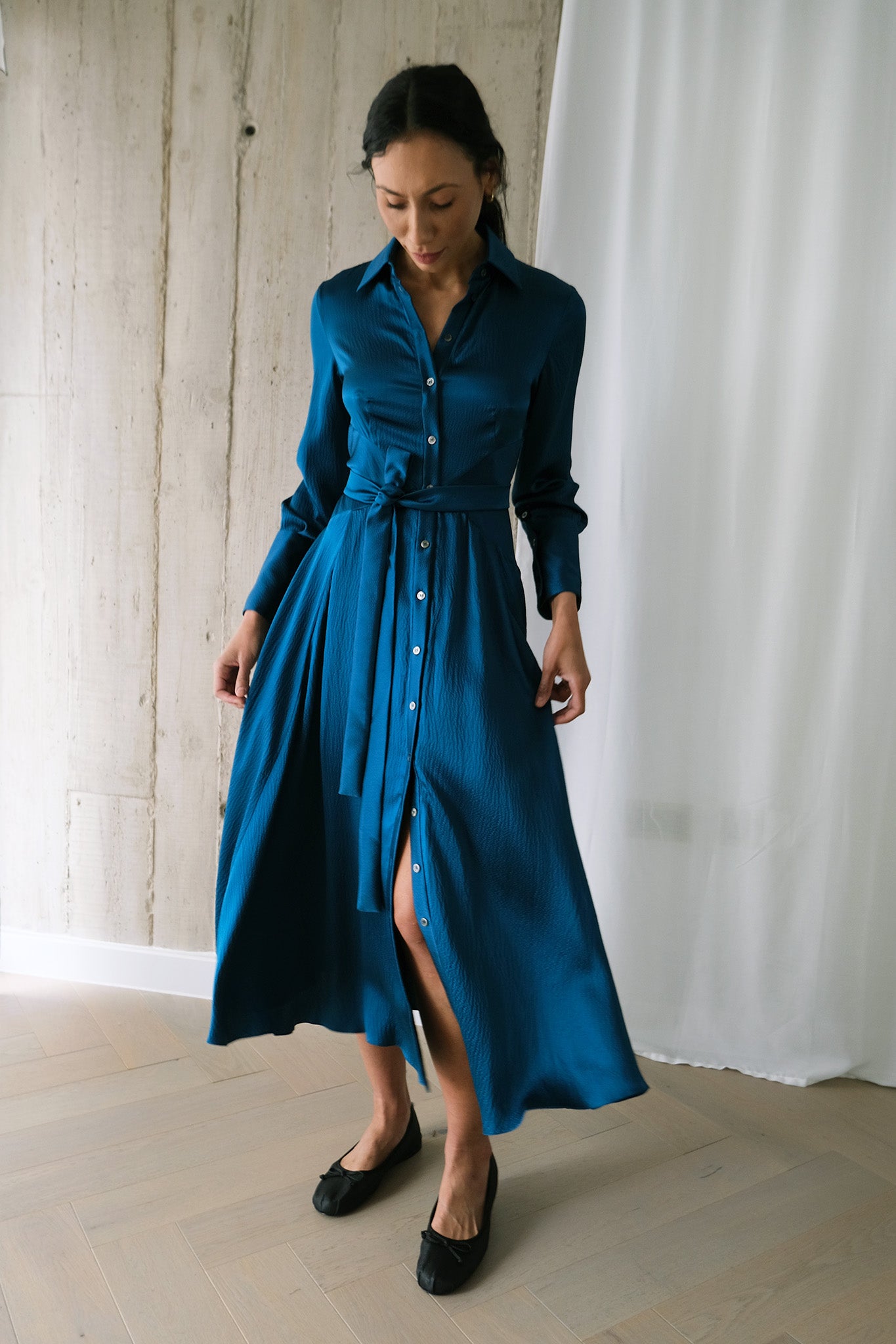 The Romanticist Shirt Dress in Teal Hammered Silk