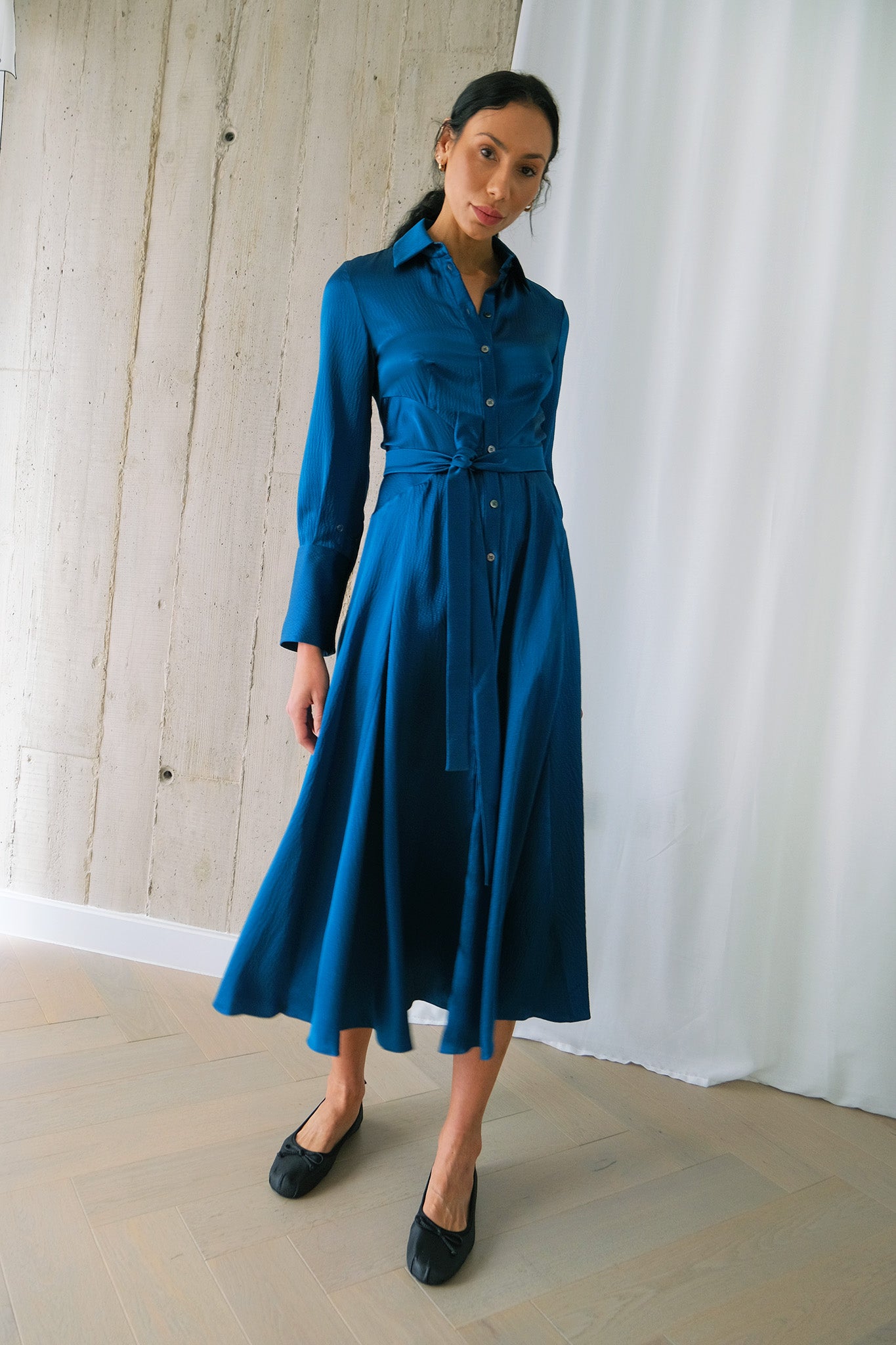 The Romanticist Shirt Dress in Teal Hammered Silk