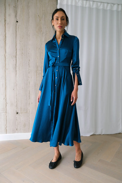 The Romanticist Shirt Dress in Teal Hammered Silk