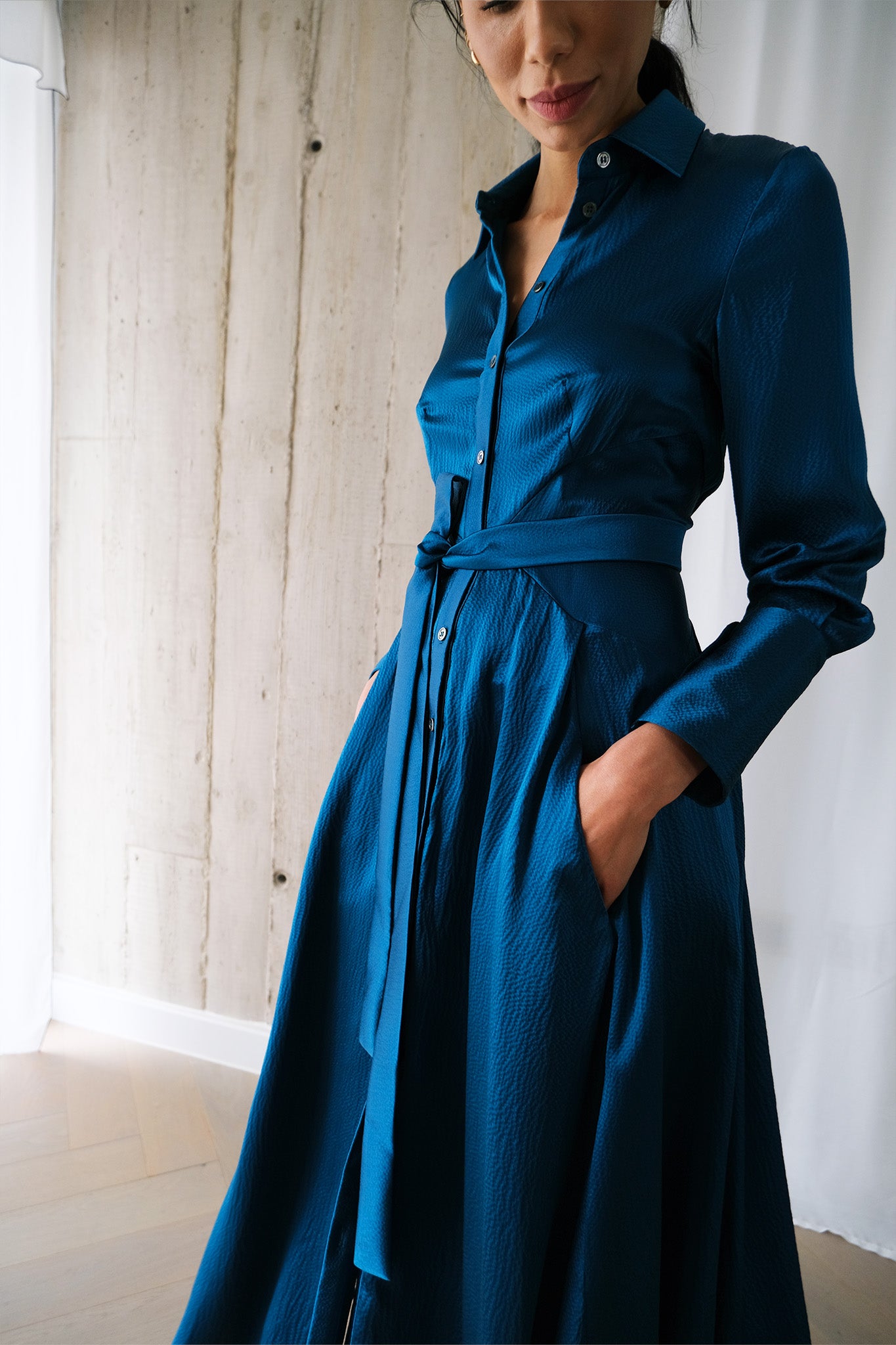 The Romanticist Shirt Dress in Teal Hammered Silk